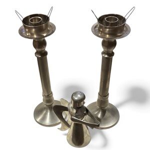 XMAS DECOR Silver Metal Tall Holiday Candlesticks  PLUS Heavy Angel Candleholder